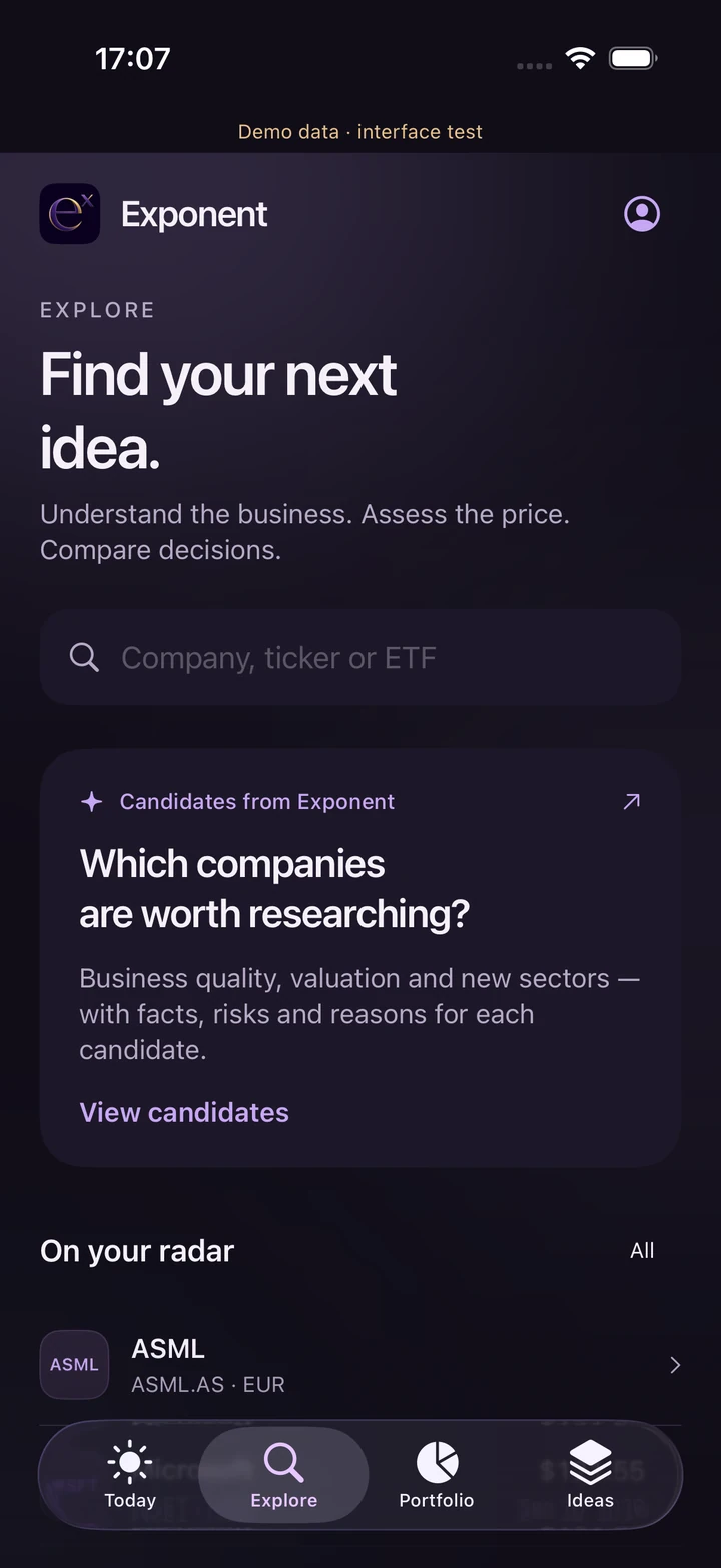 Exponent Explore workspace in English, showing research candidates and a company radar with demonstration data